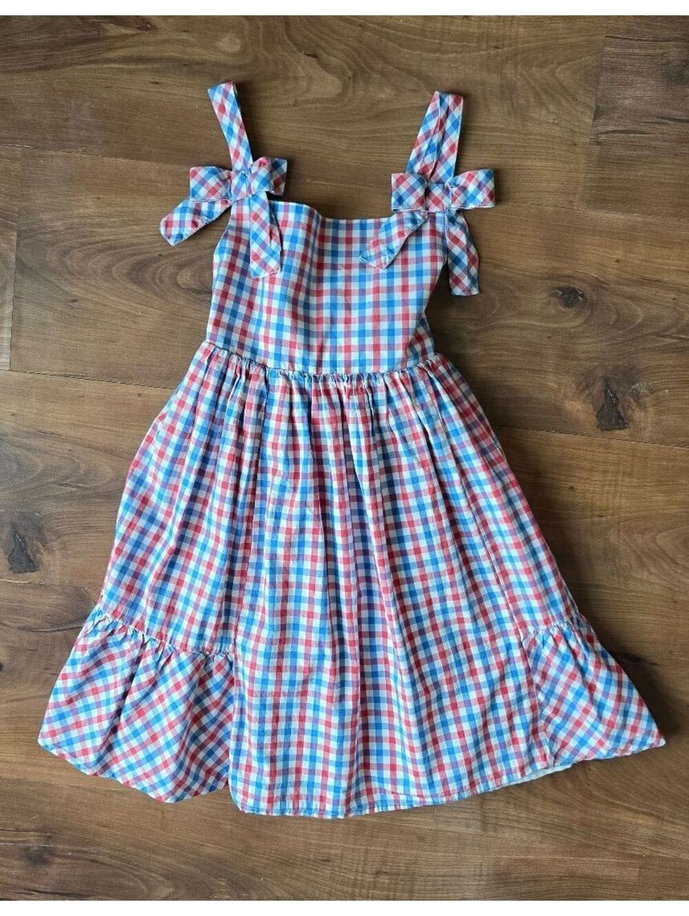 Tahari Girls Red White Blue Gingham Tie Strap Sundress Summer, Size 6